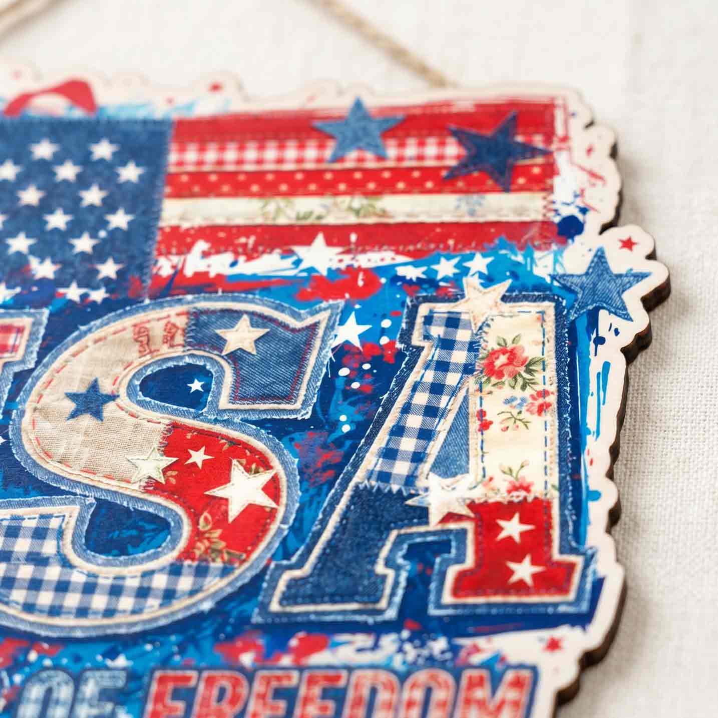 USA 250 Years of Freedom Patchwork Quilt Patriotic 1776-2026 Wooden Sign