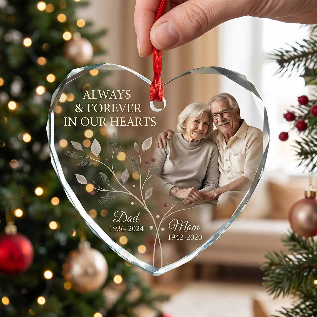 Always And Forever Mom And Dad Personalized Memorial Custom Name Date Photo Parents Sympathy Gift Heart Glass Christmas Ornament