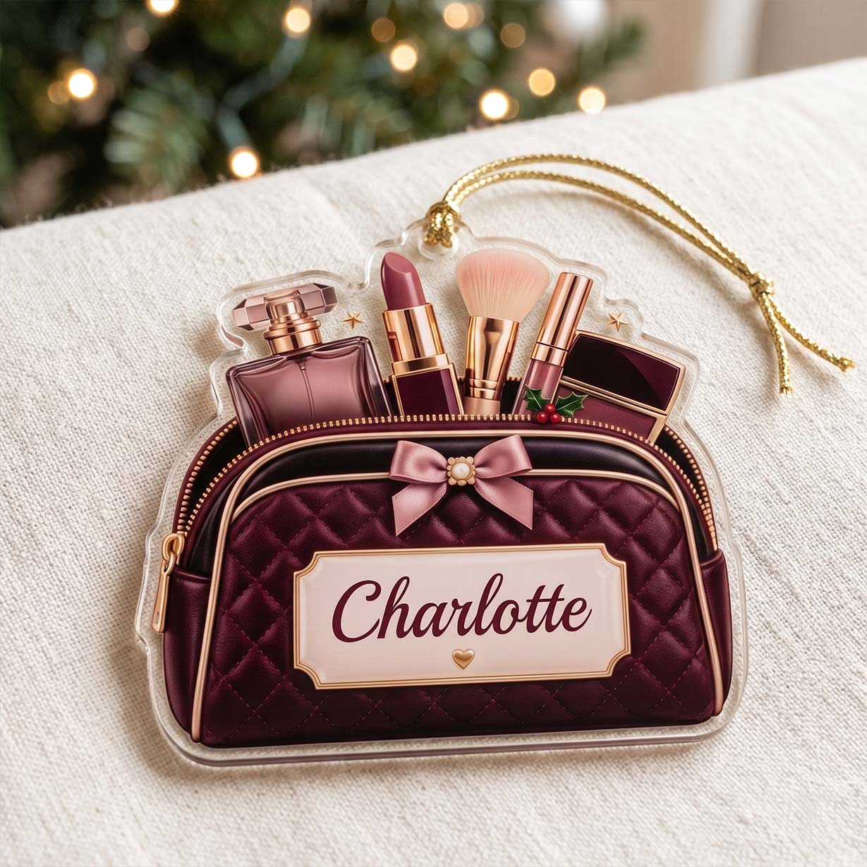 Makeup Burgundy Cosmetic Bag Lipstick Brush Custom Name Acrylic Christmas Ornament Makeup Lover