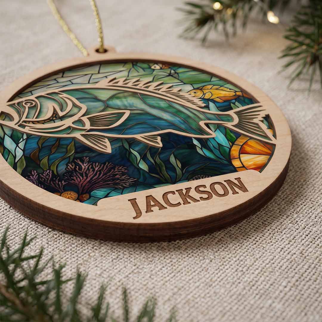 Fish Mosaic Art Personalized Custom Name Fishing 2-Layer Wooden Christmas Ornament Christmas Gift for Fishing Lover