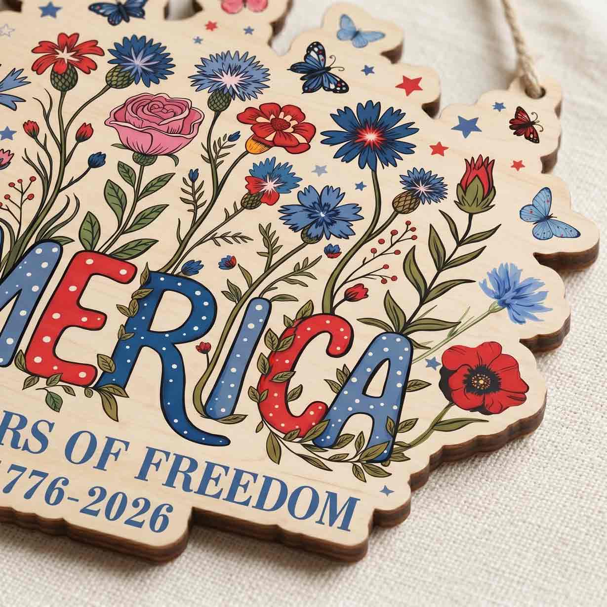 America 250 Years of Freedom Wooden Sign Patriotic Floral Decor