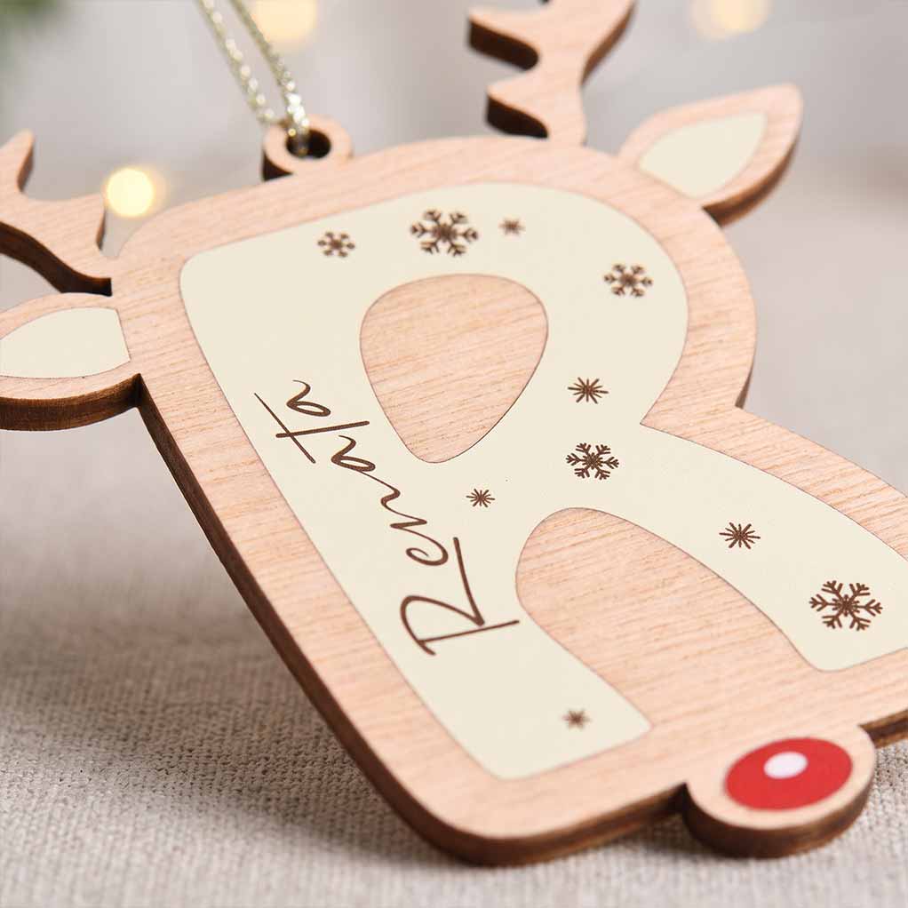 Reindeer Alphabet Christmas Initial Keepsake Personalized Custom Name Initial 1-Layer Wooden Christmas Ornament for Kids Gift