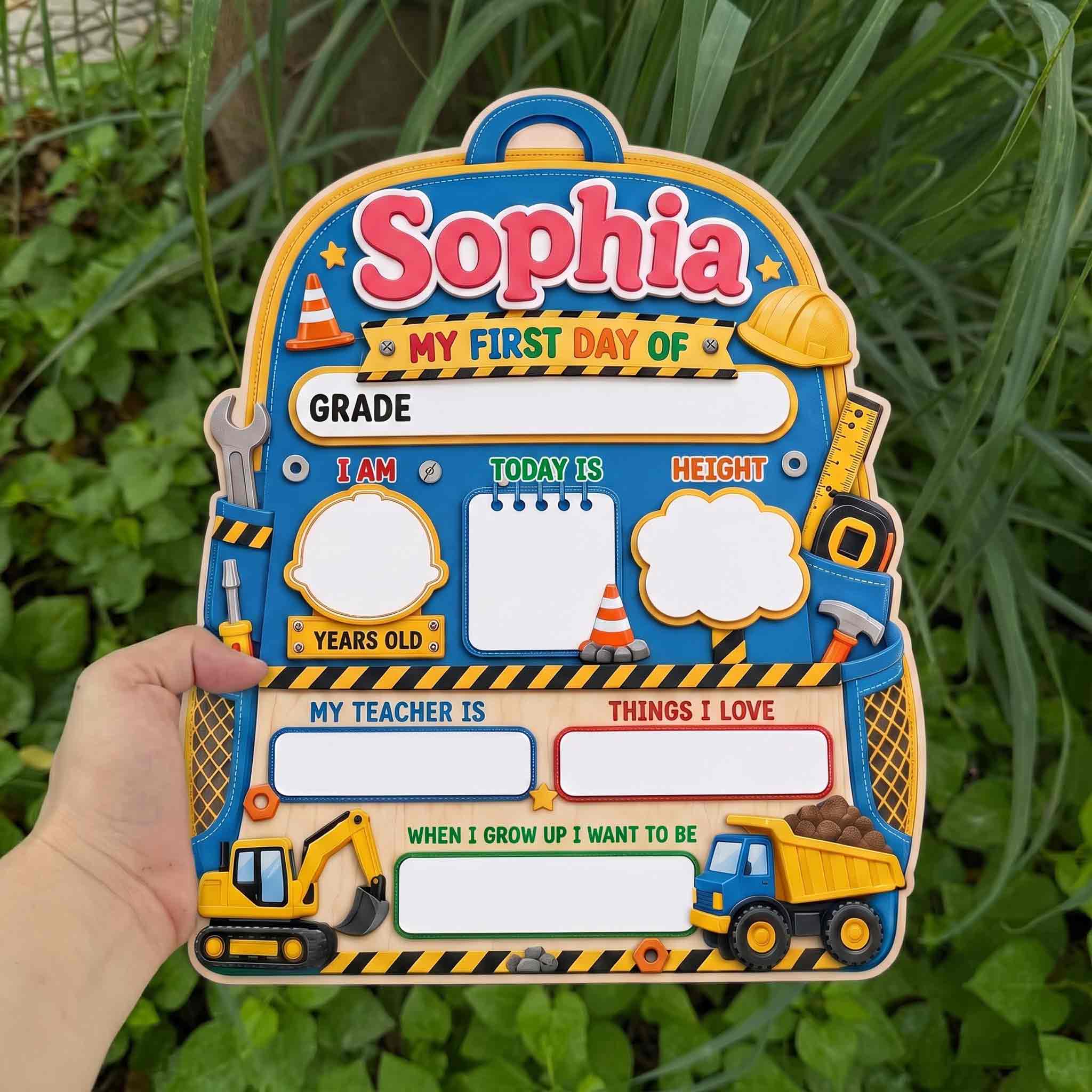 Personalized Little Builder Adventure First & Last Day School Sign, Reusable Dry Erase Board, Back to School Sign