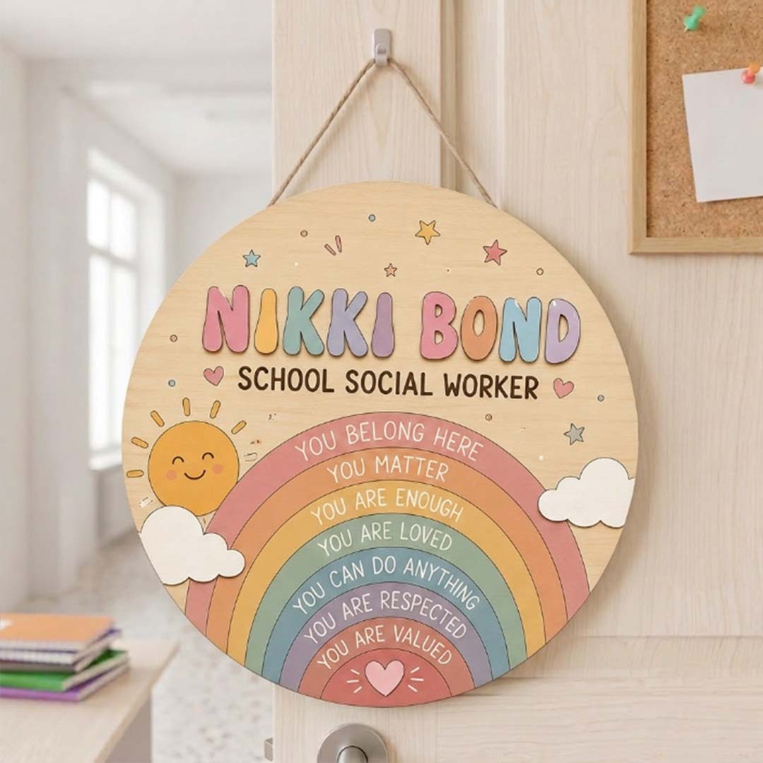 Personalized Teacher Name Wooden Sign Door Hanger School Social Worker Wooden Classroom Decor, Back to School Sign