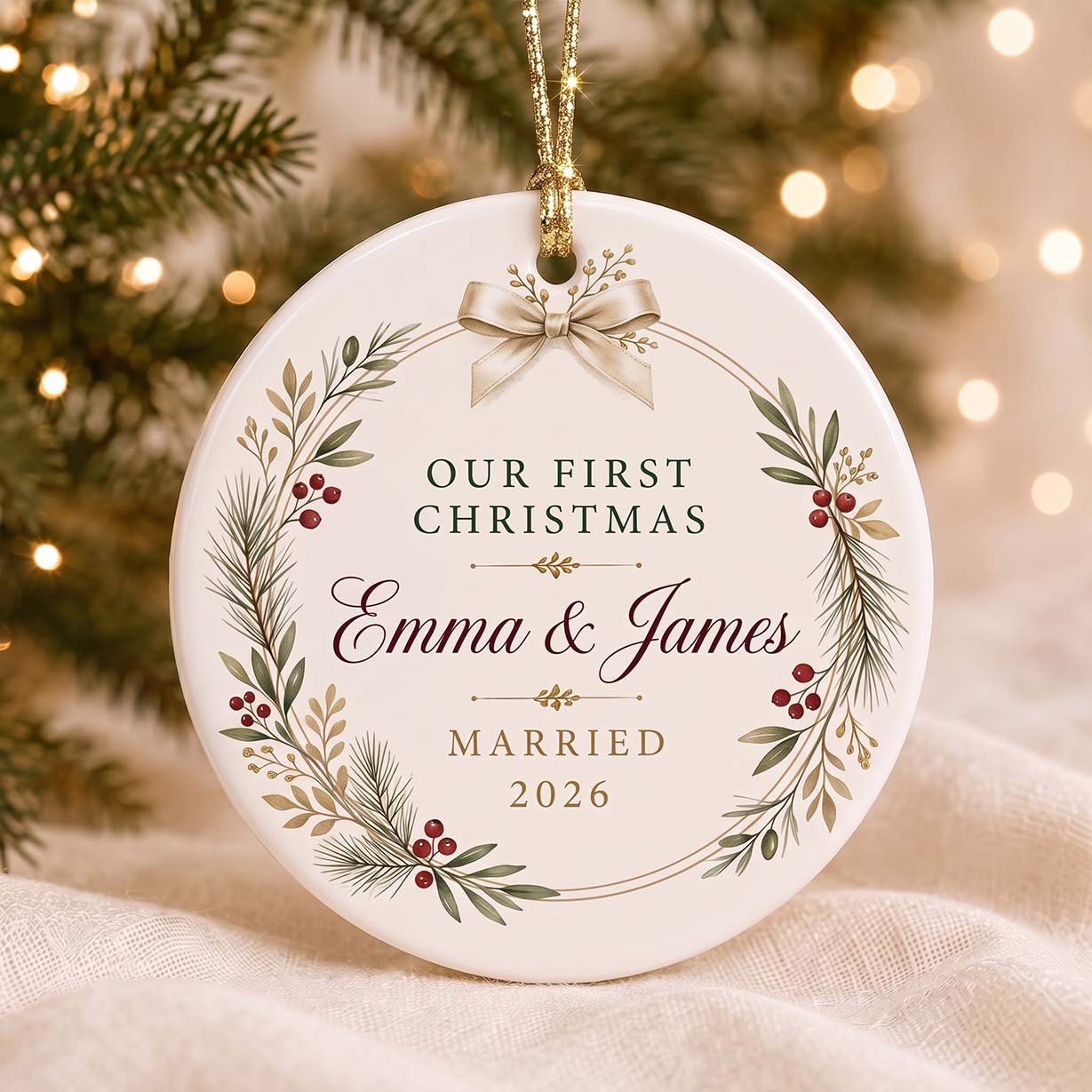 Our First Christmas Botanical Wreath Custom Names Date First Married Christmas Round Ceramic Christmas Ornament