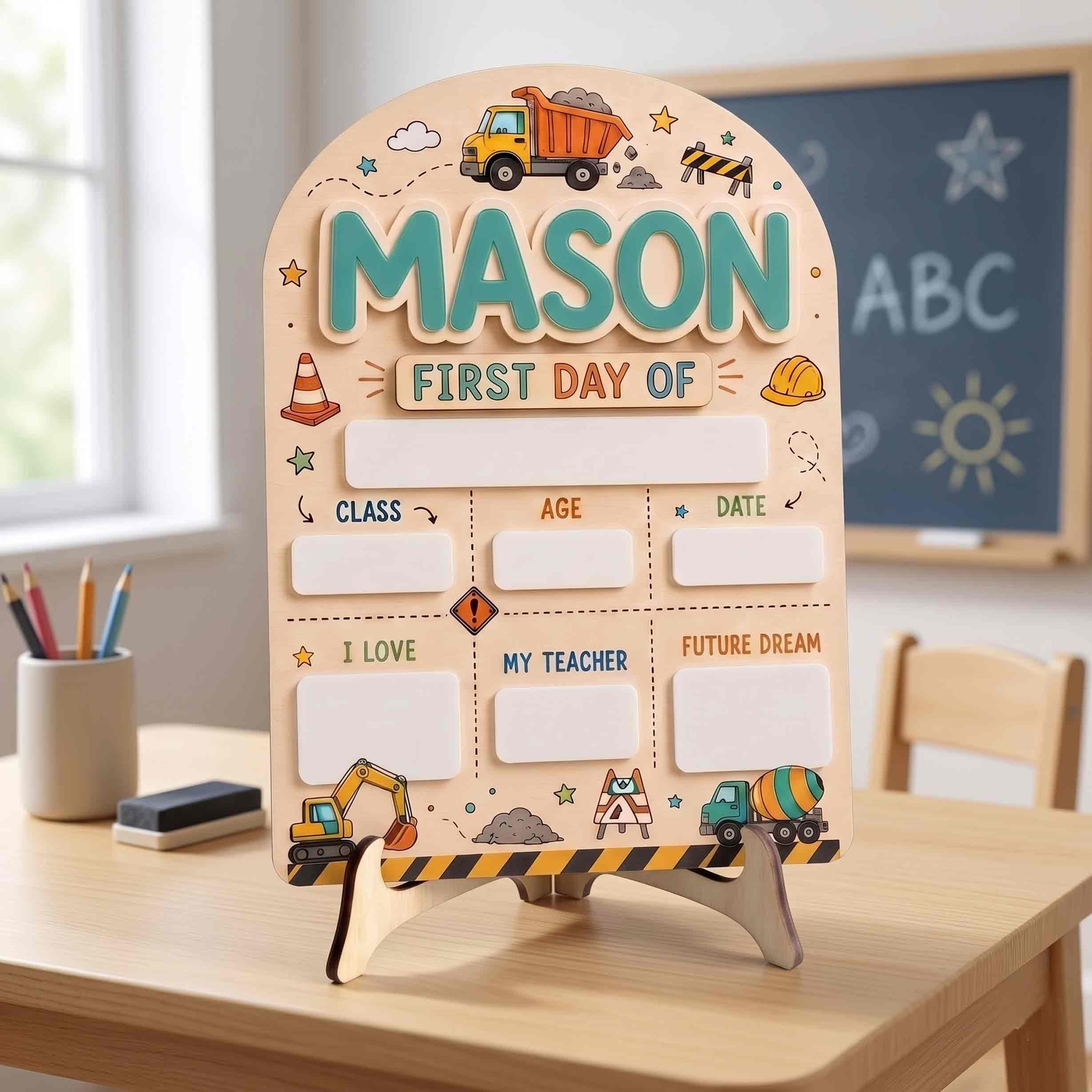 Personalized Construction Site Theme First & Last Day School Sign, Reusable Dry Erase Board, Back to School Sign