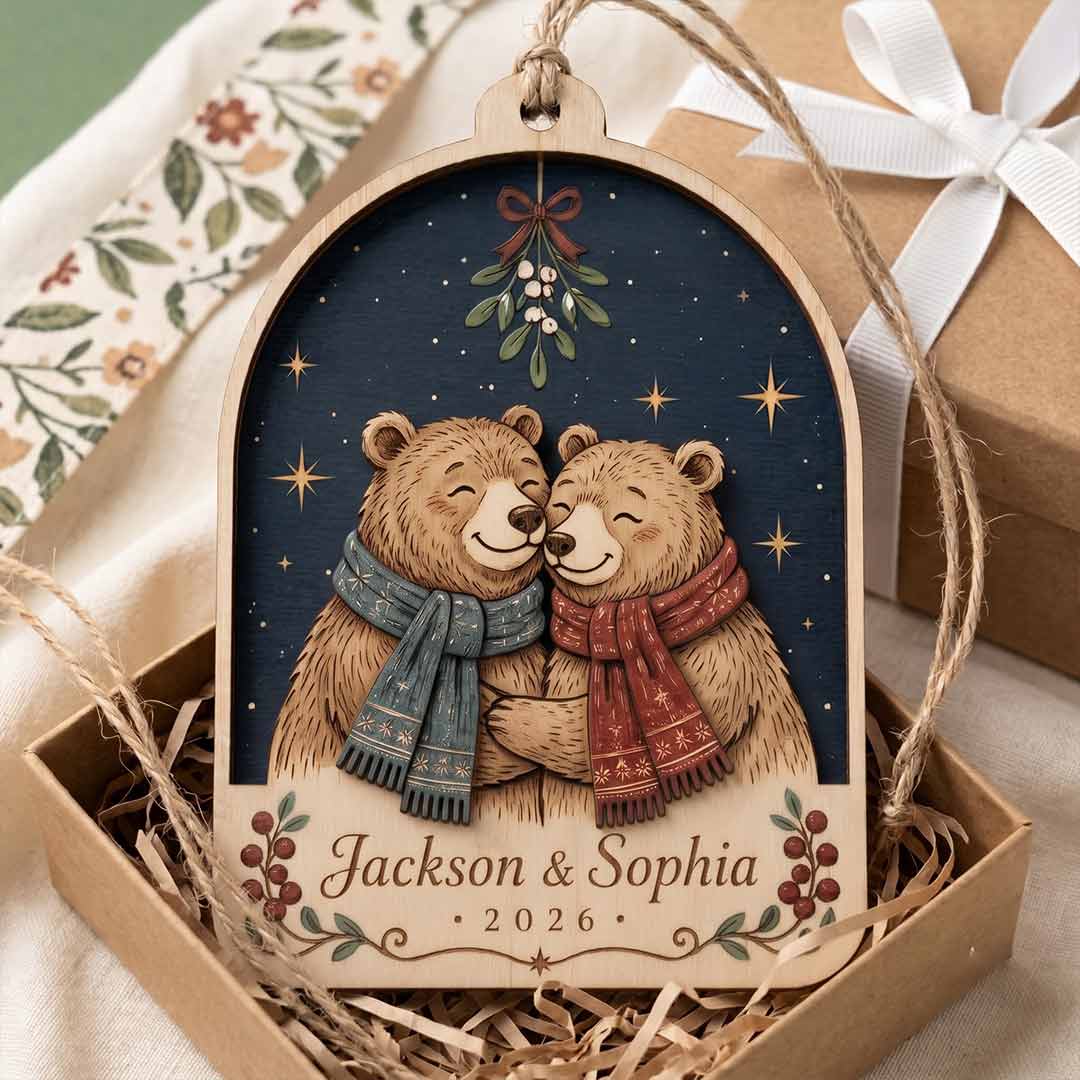 Christmas Bear Couple Personalized Custom Name Date Couple 2-Layer Wooden Christmas Ornament for Couples Christmas Gift