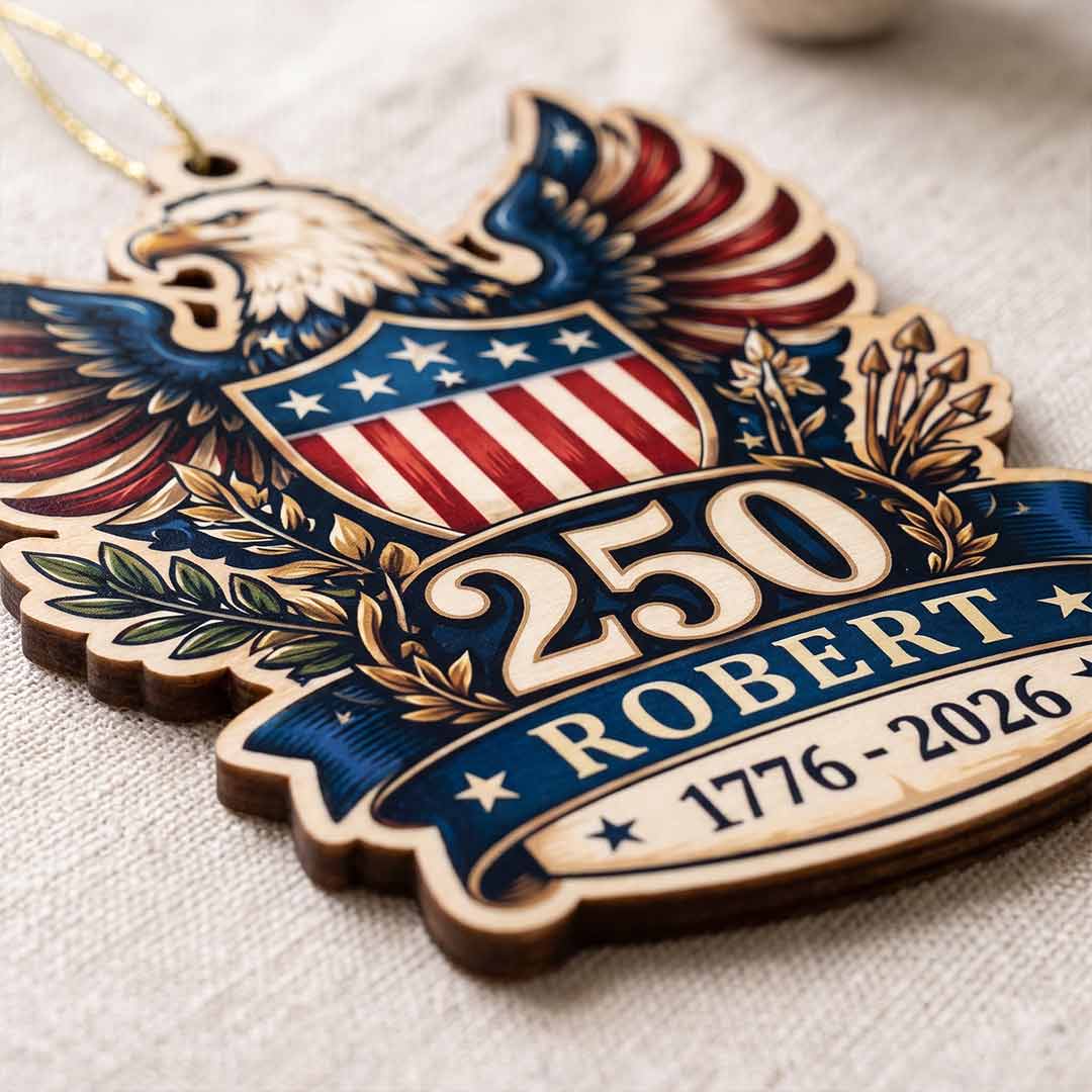 America's 250th Bald Eagle Shield American Pride Patriotic Keepsake Personalized Custom Name Patriotic 1-Layer Wooden Christmas Ornament for Patriots