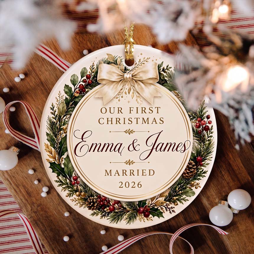 Our First Christmas Bow Wreath Custom Names Date First Married Christmas Round Ceramic Christmas Ornament