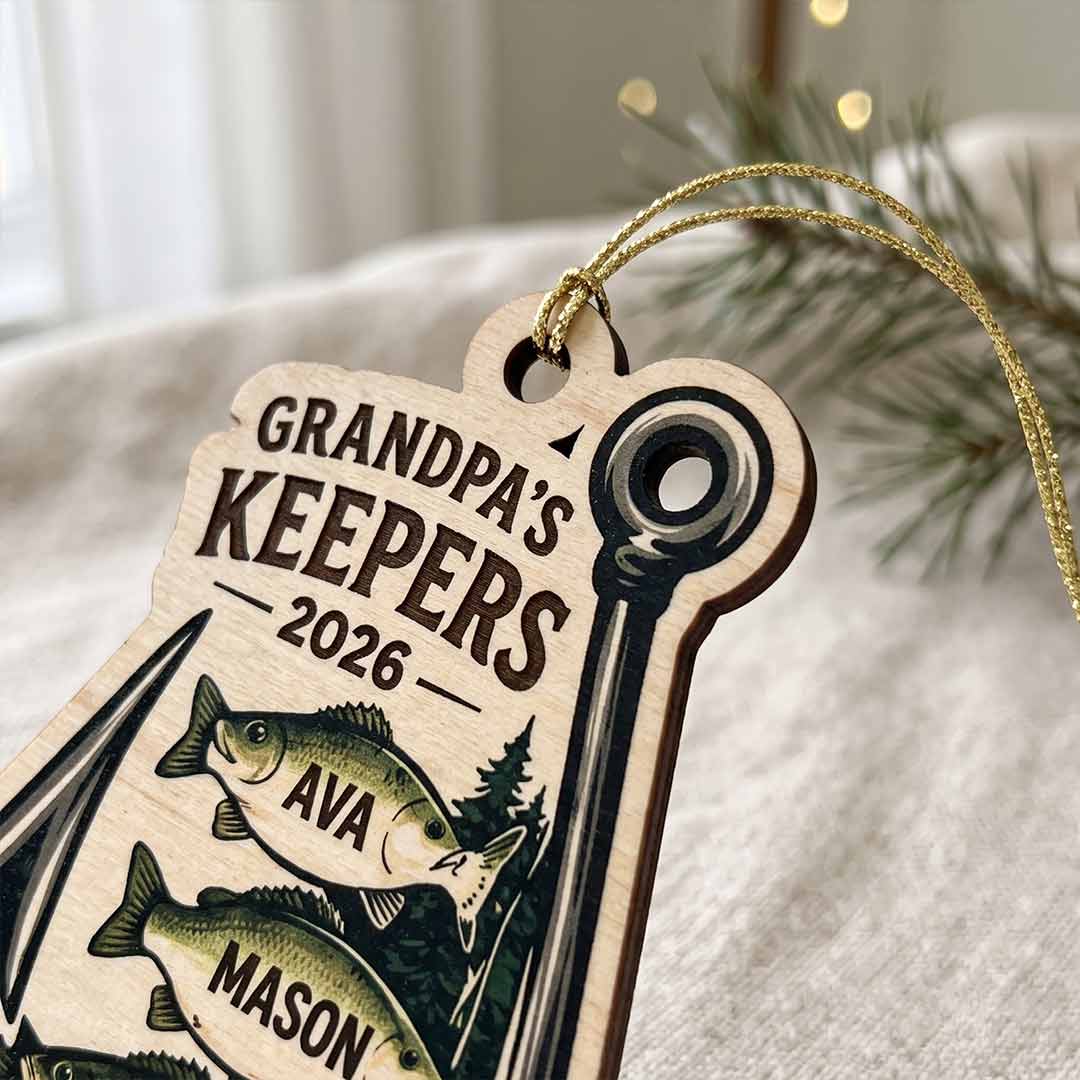 Grandpa's Keepers Fishing Fisherman Father Keepsake Personalized Custom Name Date Fishing 1-Layer Wooden Christmas Ornament for Dad Gift