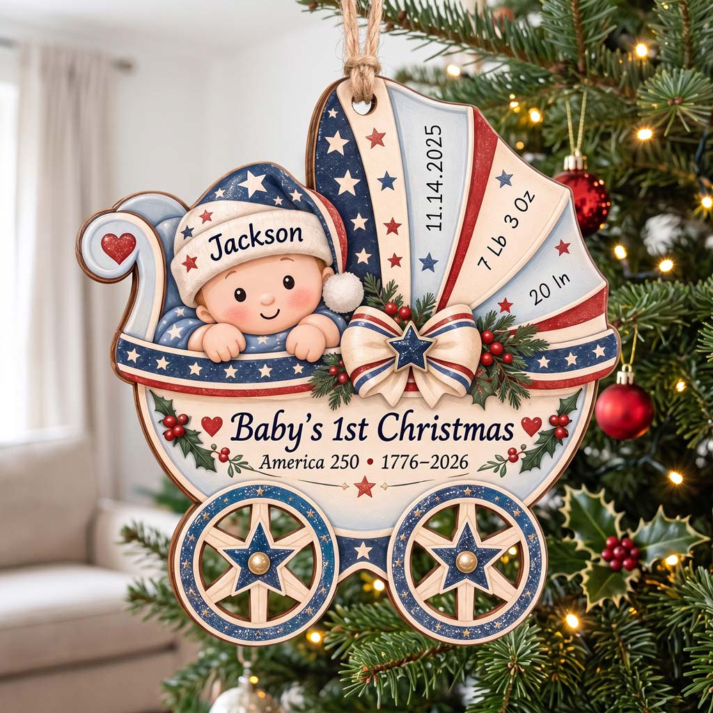 Baby's 1st Christmas America's 250th Year Patriotic Baby Carriage Custom Name Date Weight Length Newborn Wooden Ornament