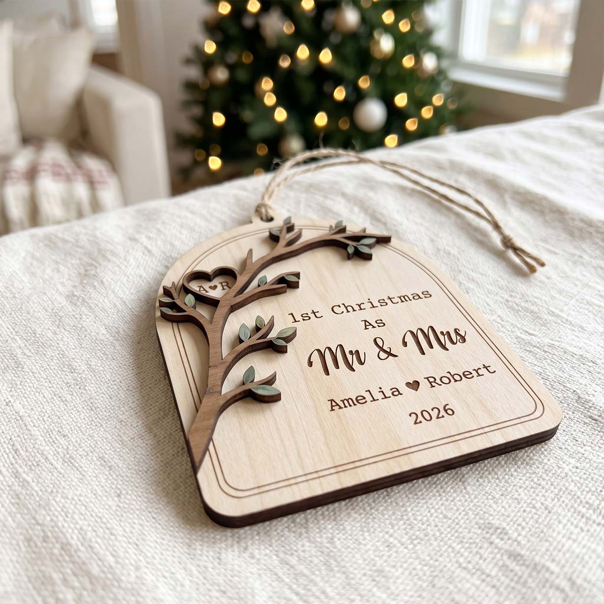 First Christmas Mr and Mrs Tree Branch Custom Names Date First Married Christmas Wooden Ornament