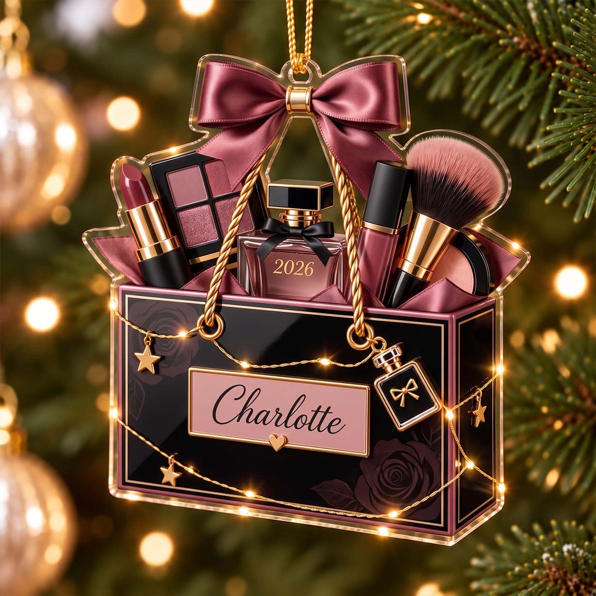Black Rose Makeup Gift Box Cosmetic Brush Custom Name Date Acrylic Christmas Ornament Makeup Lover