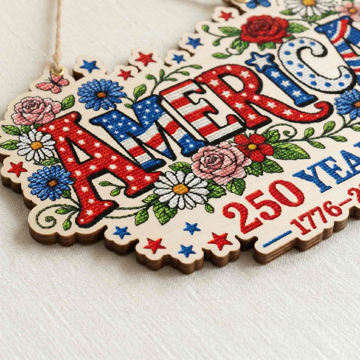 America 250 Years Patriotic Cross Stitch 1776-2026 Wooden Sign