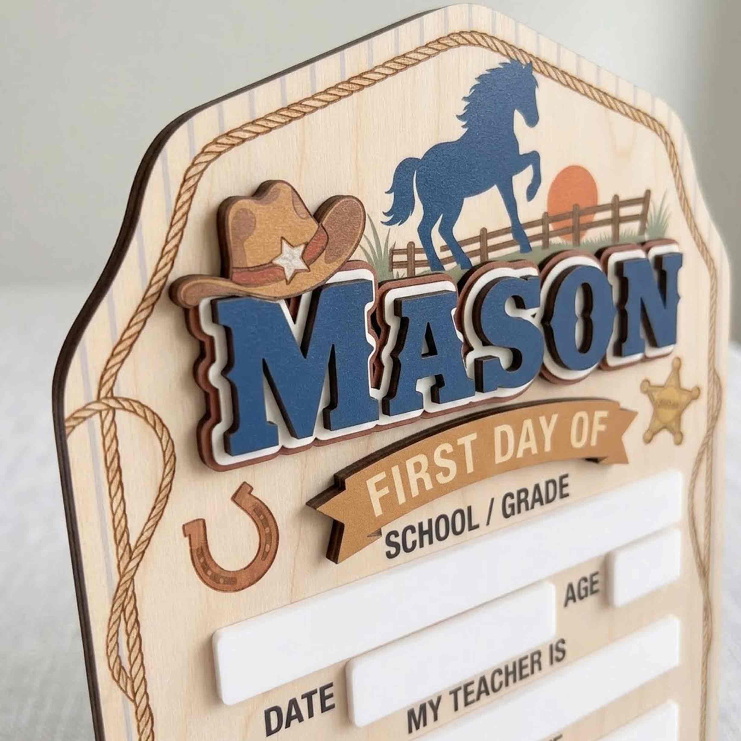 Personalized Western Cowboy Theme First & Last Day School Sign, Reusable Dry Erase Board, Back to School Sign