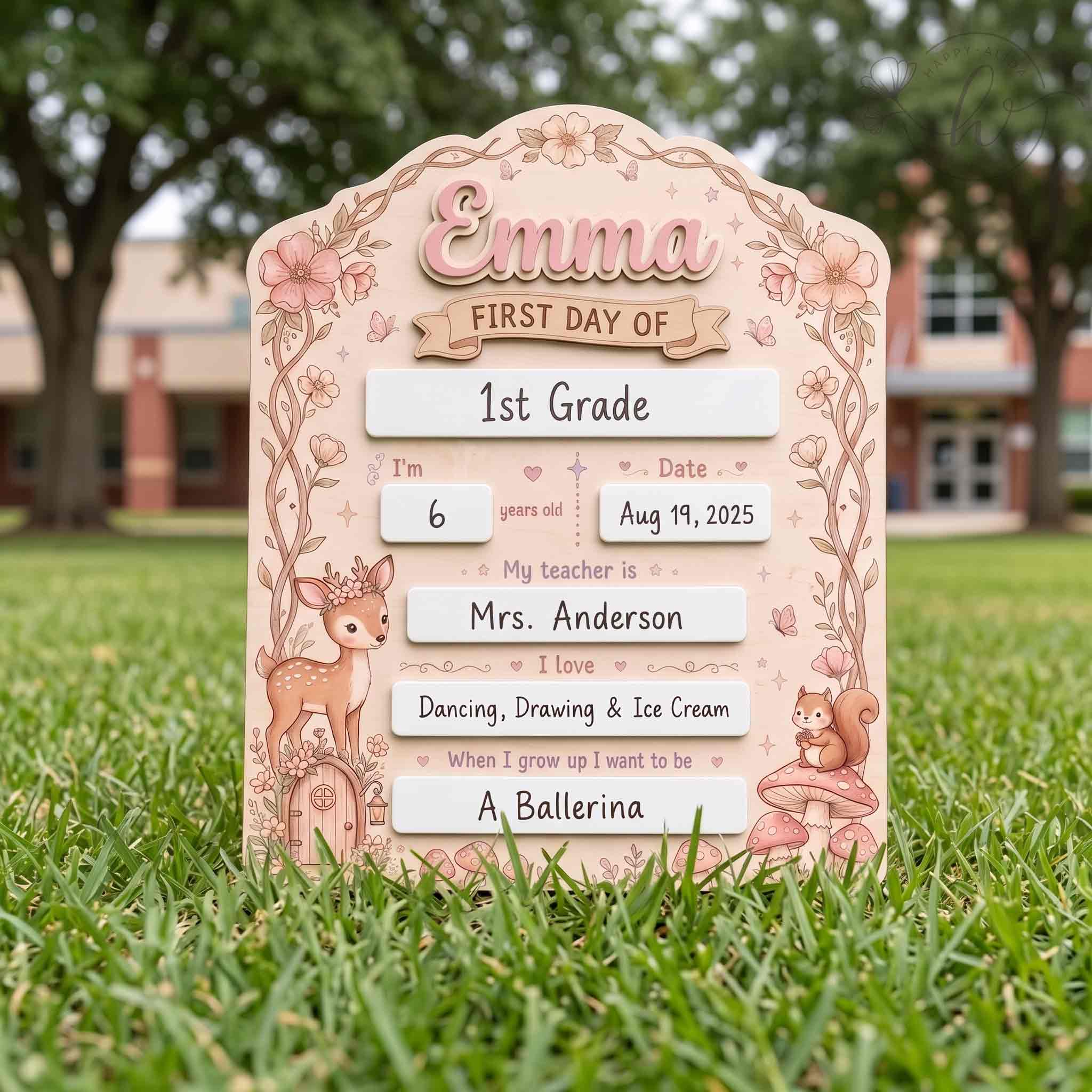 Personalized Coquette Woodland First Day School Board, Reusable Dry Erase Board, Back to School Sign