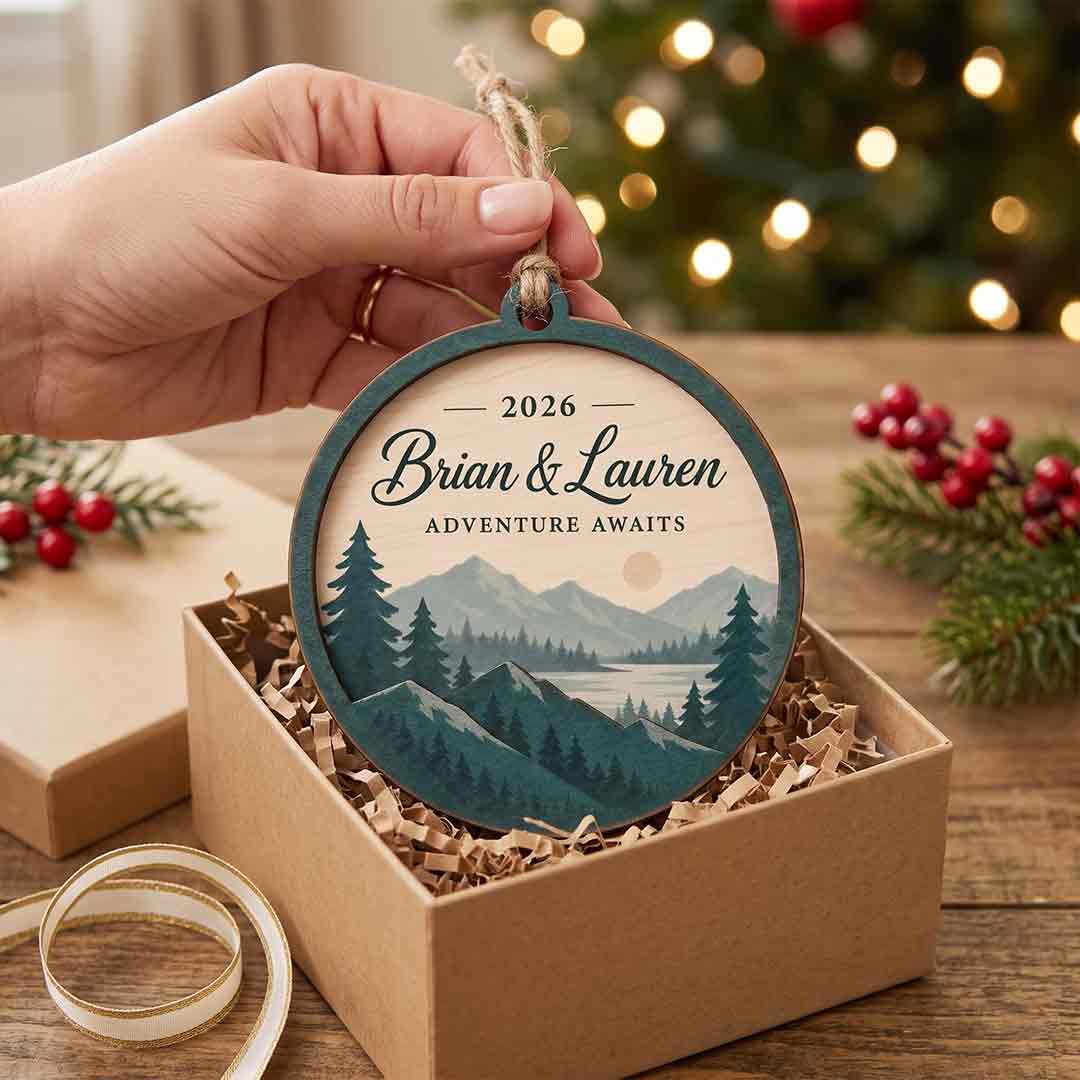 Adventure Awaits Mountain Lake Personalized Custom Name Date Couple 2-Layer Wooden Christmas Ornament for Couples Gift