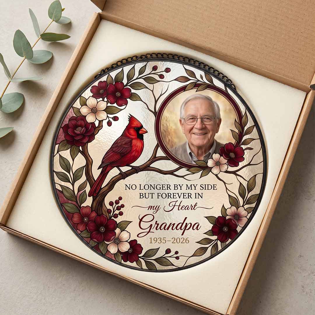 Grandpa Memorial Cardinal Personalized Custom Name Date Photo Loved One Memorial Keepsake Stained Glass Suncatcher Ornament for Loss of Grandpa