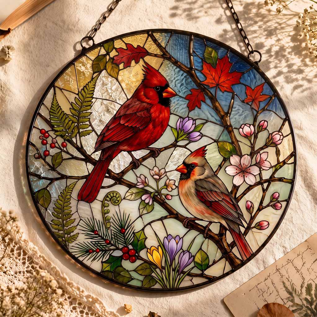 Cardinal Couple Four Seasons Floral Bird Lover Gift Nature Window Decor Couple Stained Glass Suncatcher Christmas Ornament
