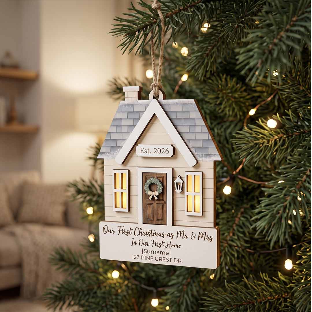 Our First Christmas as Mr and Mrs in Our First Home Personalized New Home Custom Name Date Address Christmas Ornament