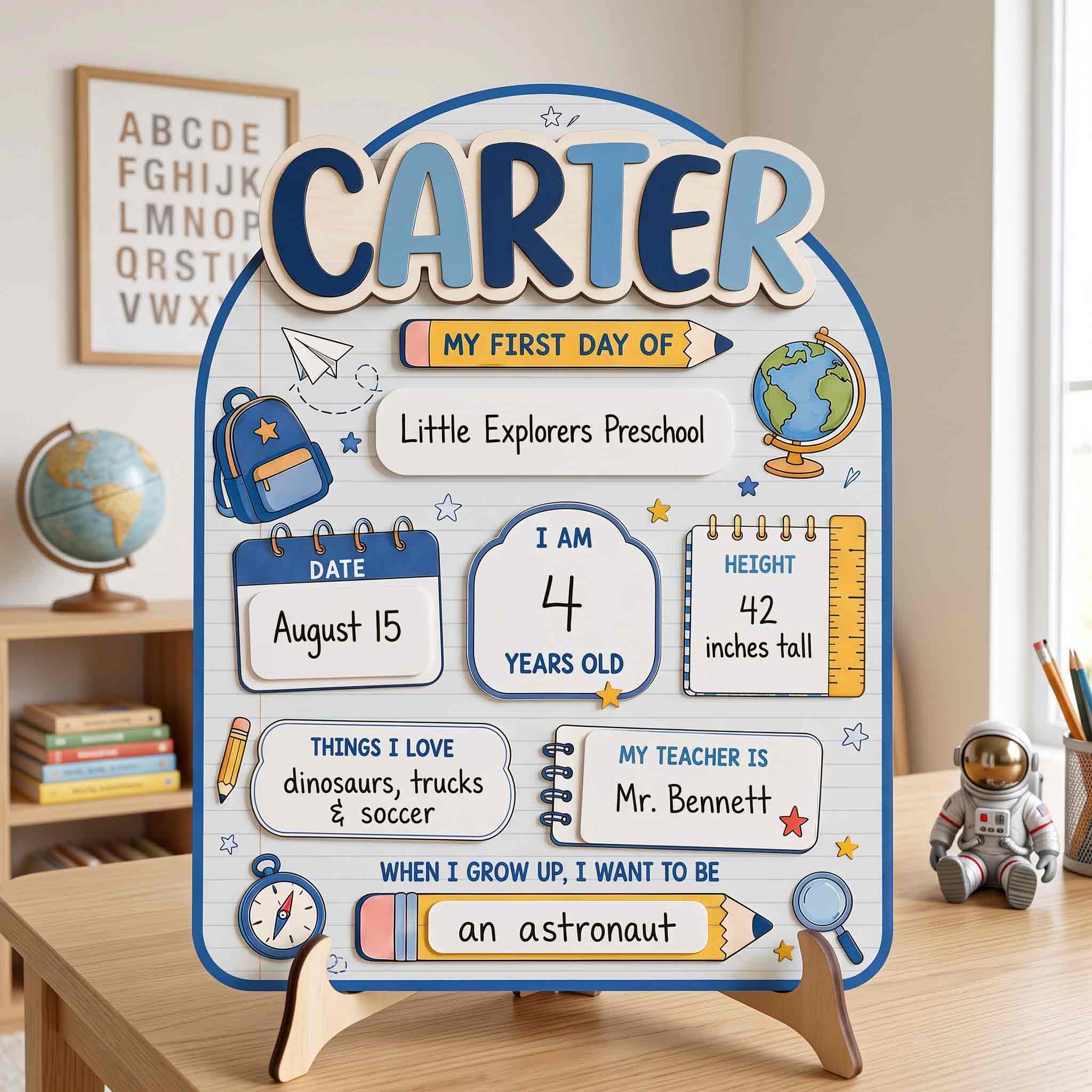 Personalized Blue Classroom Adventure First & Last Day School Sign, Reusable Dry Erase Board, Back to School Sign