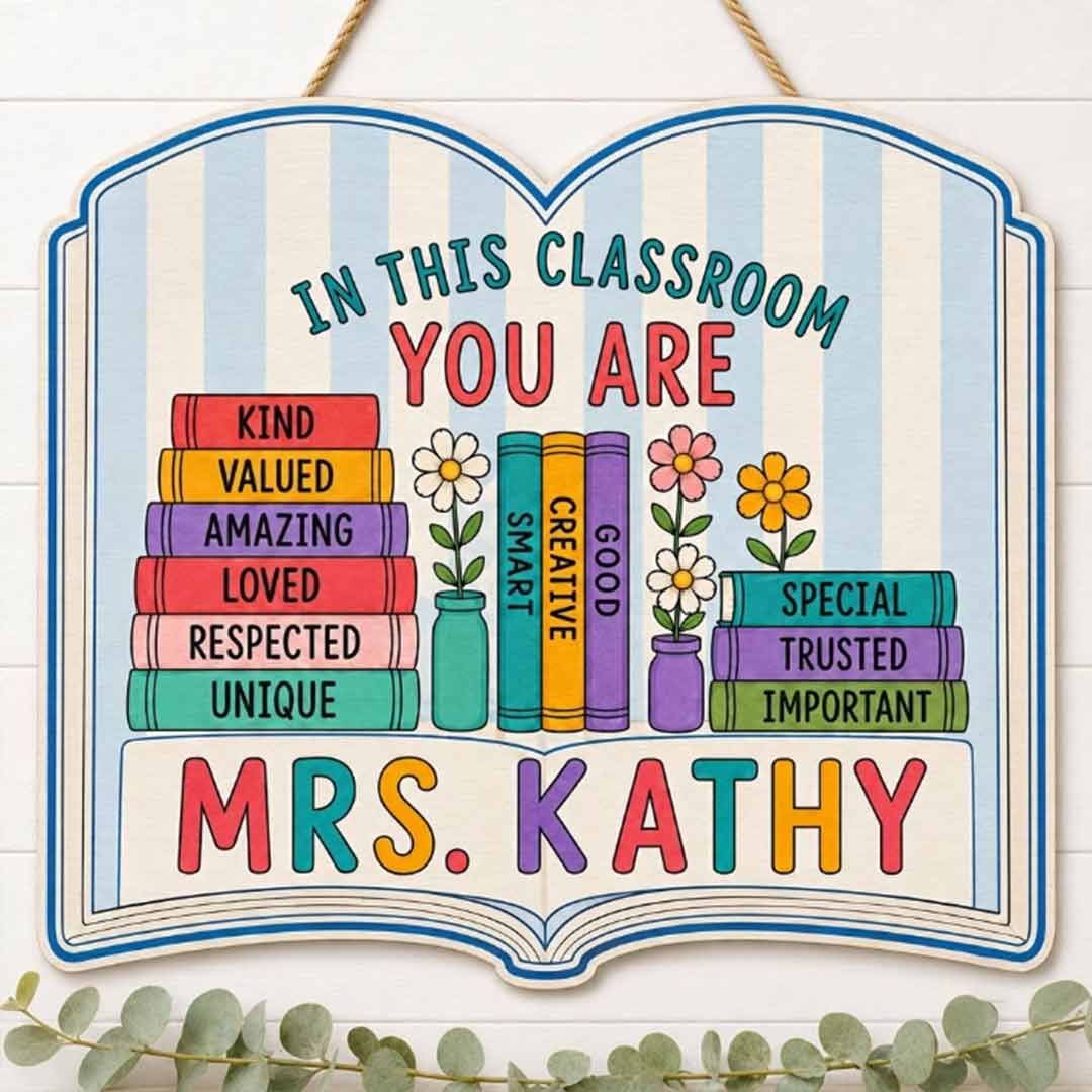 Personalized Teacher Name Wooden Sign Door Hanger Classroom Rules Book Themes Sign Wooden Classroom Decor, Back to School Sign