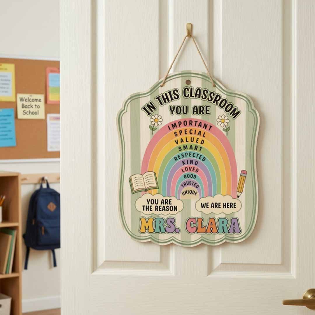 Personalized Teacher Name Wooden Sign Door Hanger Boho Rainbow Classroom Sign Wooden Classroom Decor, Back to School Sign