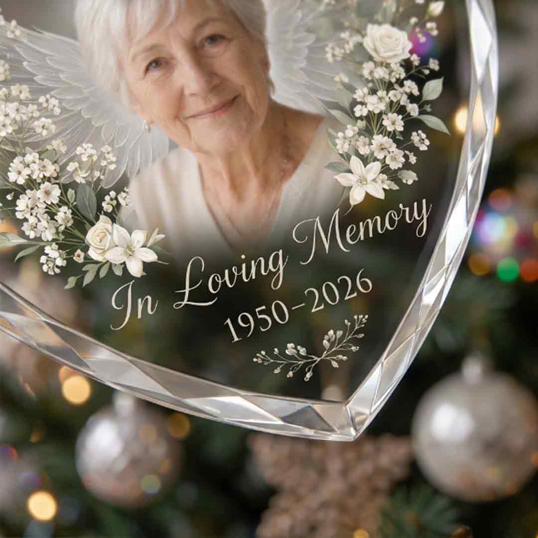 Memorial Angel Wings Floral Personalized Memorial Custom Name Date Photo In Loving Memory Gift Heart Glass Christmas Ornament