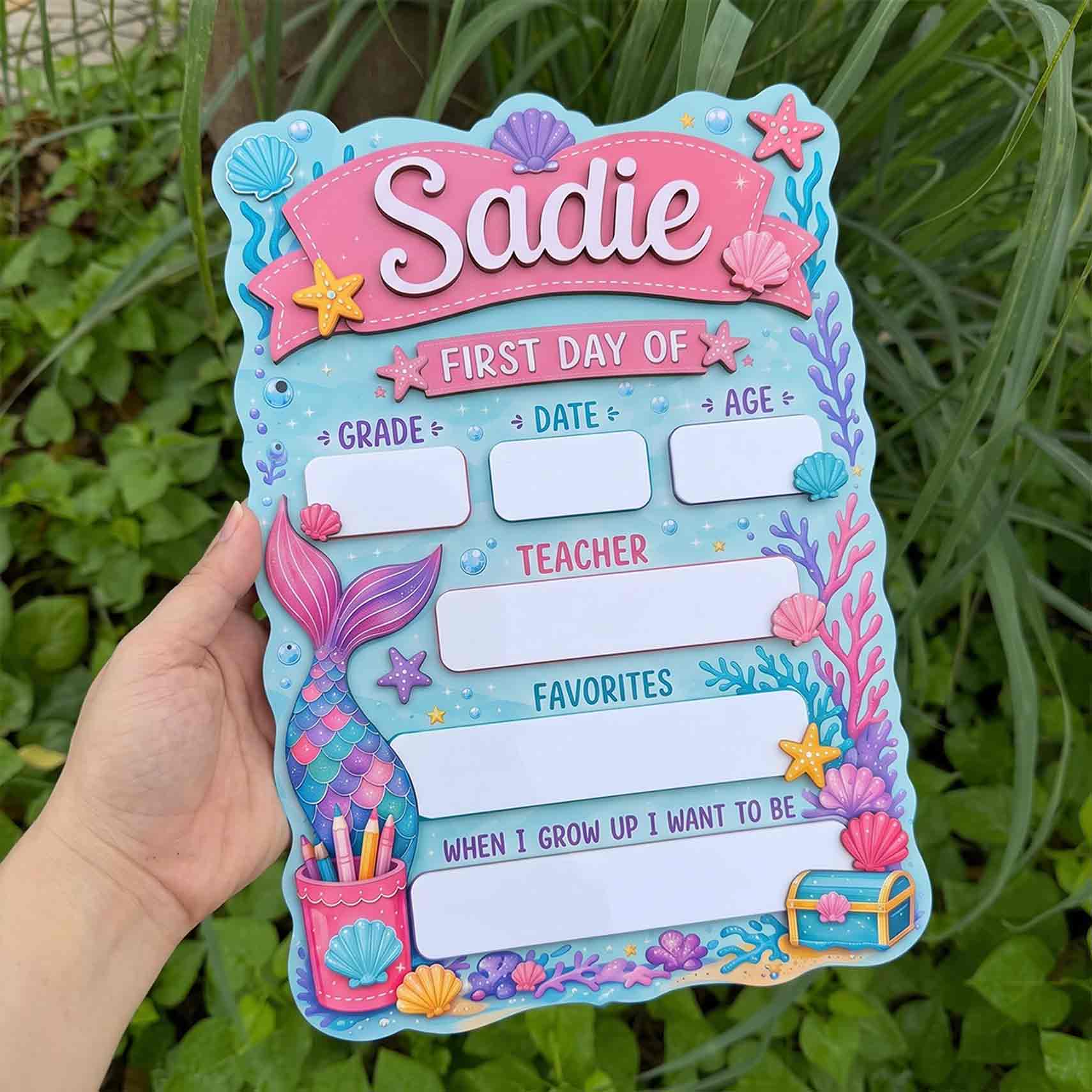 Personalized Mermaid Tail Theme First & Last Day School Sign, Reusable Dry Erase Board, Back to School Sign