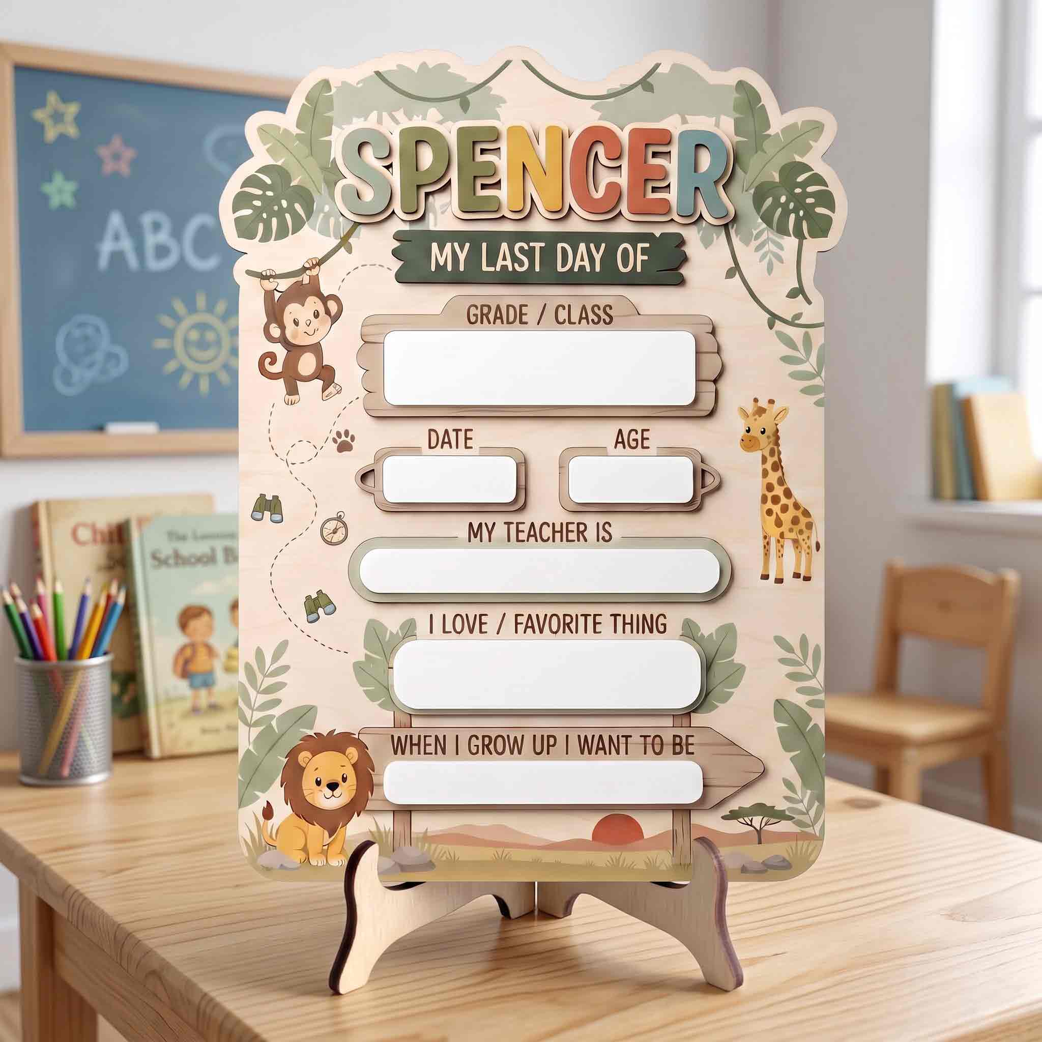 Personalized Safari Jungle First & Last Day School Sign, Reusable Dry Erase Board, Back to School Sign