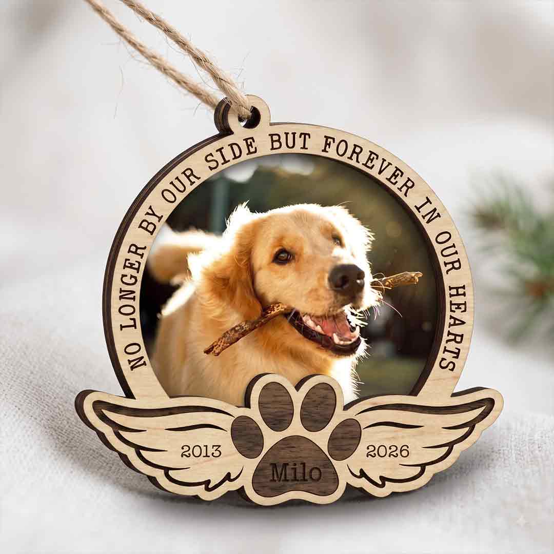Pet Memorial Angel Wings Paw Custom Name Date Photo Dog 2-Layer Wooden Ornament