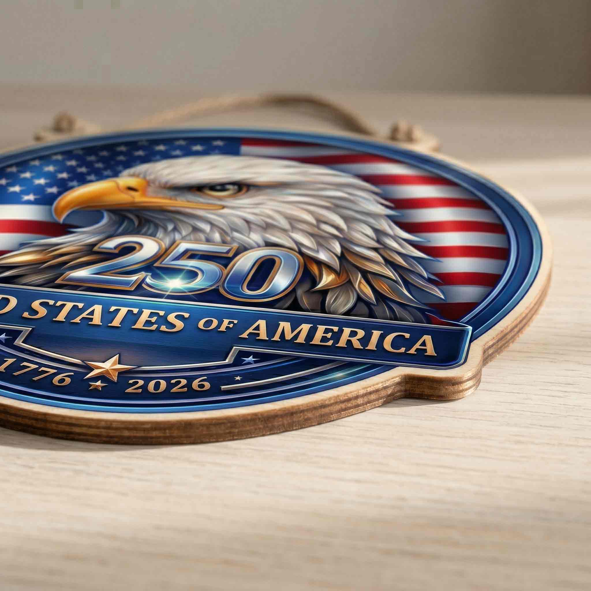 America 250 Wooden Sign With Bald Eagle and American Flag Patriotic Decor