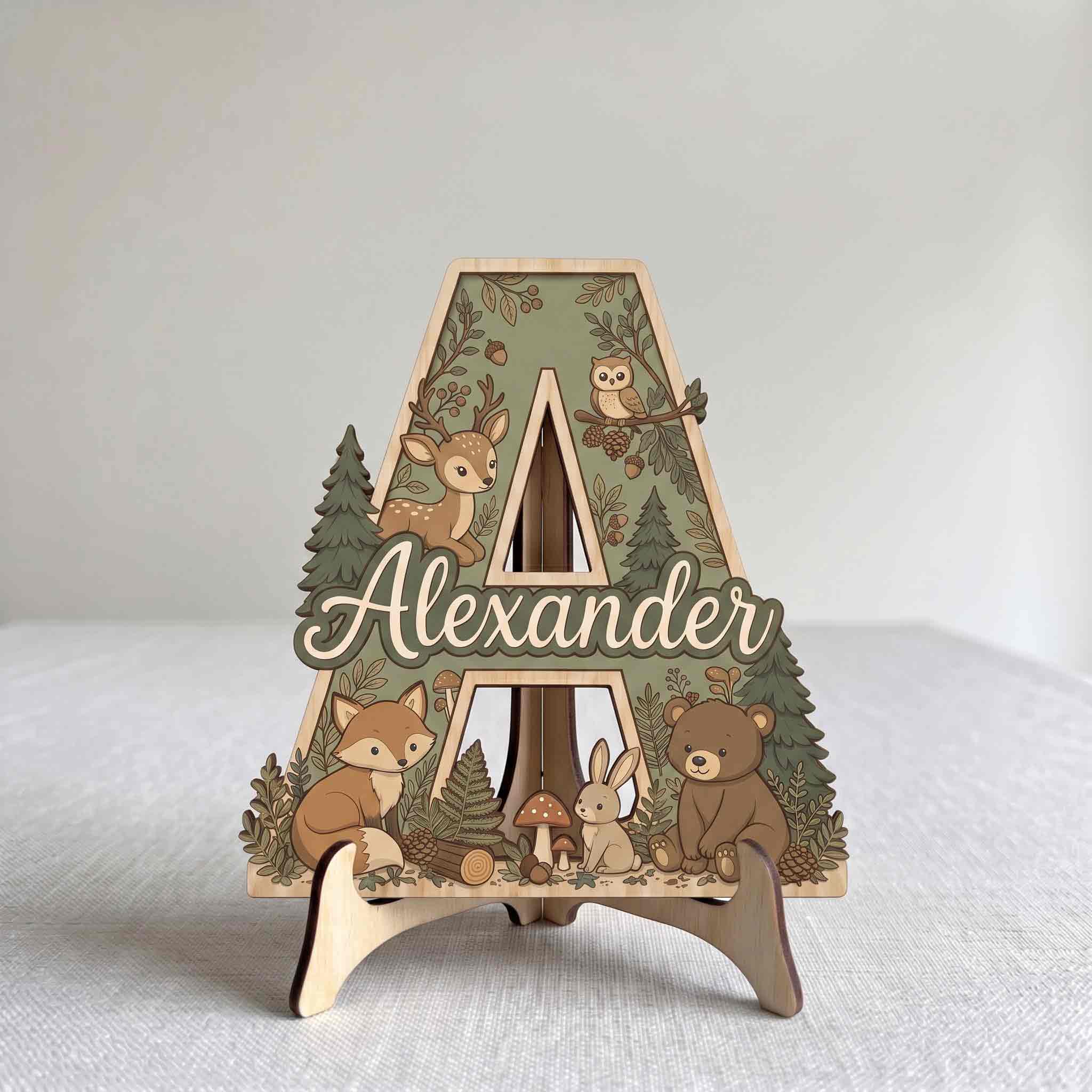 Personalized Woodland Animals Nursery Name Sign Wooden Baby Room Decor