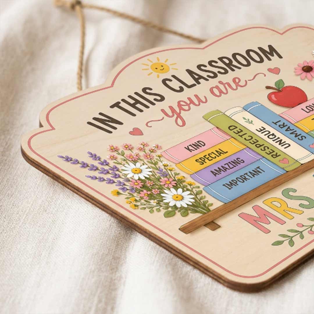 Personalized Flower Bird Teacher Name Wooden Sign Door Hanger Positive Affirmation Teacher Door Hanger Wooden Classroom Decor, Back to School Sign