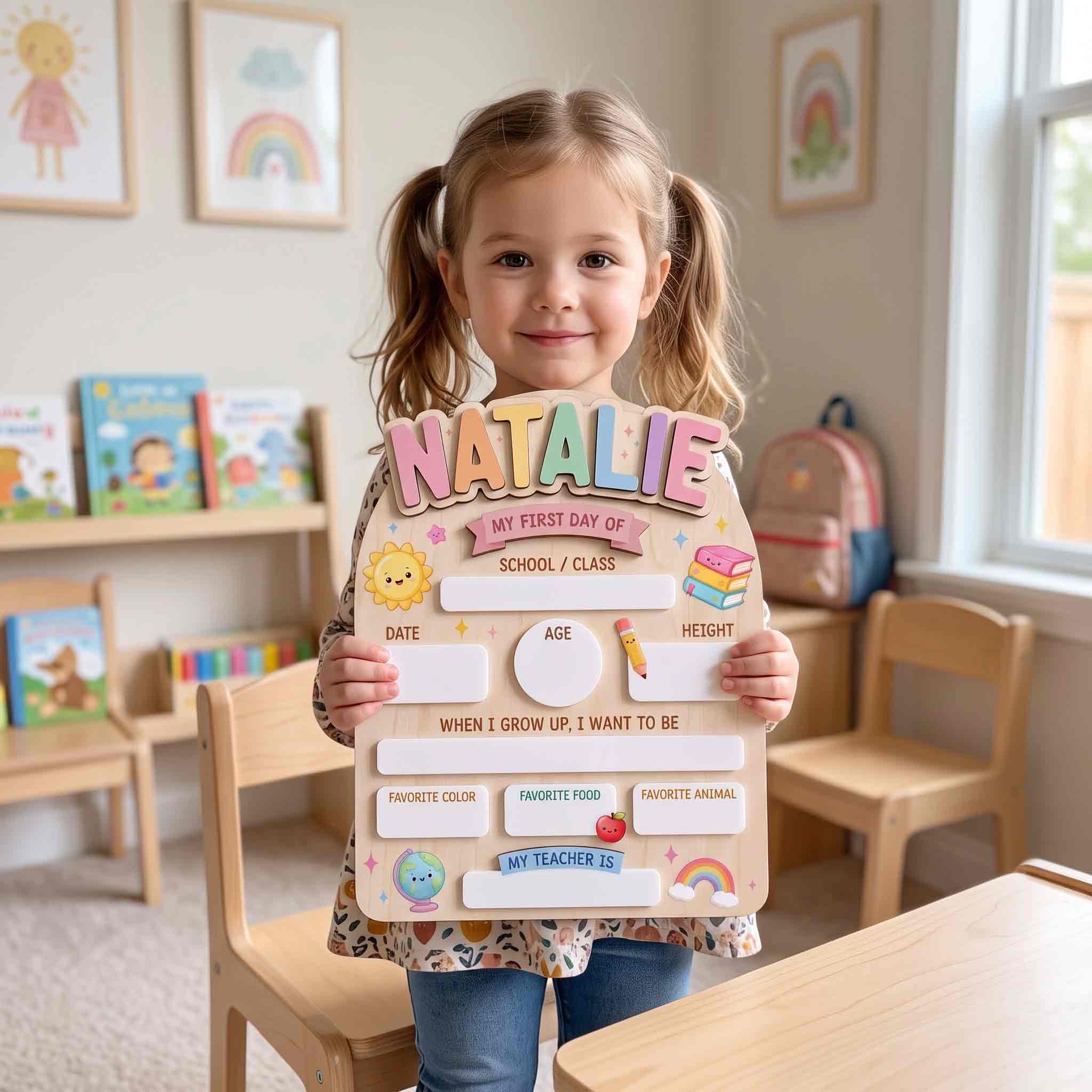Personalized Rainbow School Supplies First & Last Day School Sign, Reusable Dry Erase Board, Back to School Sign