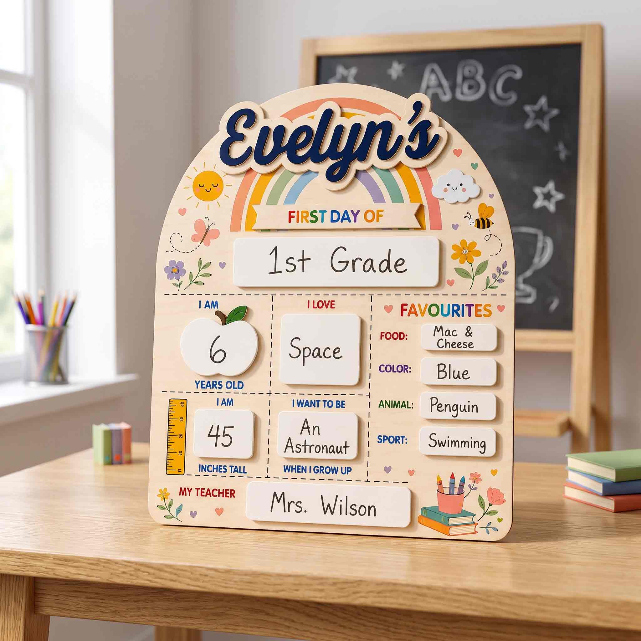 Personalized Rainbow Garden First & Last Day School Board, Reusable Dry Erase Board, Back to School Sign