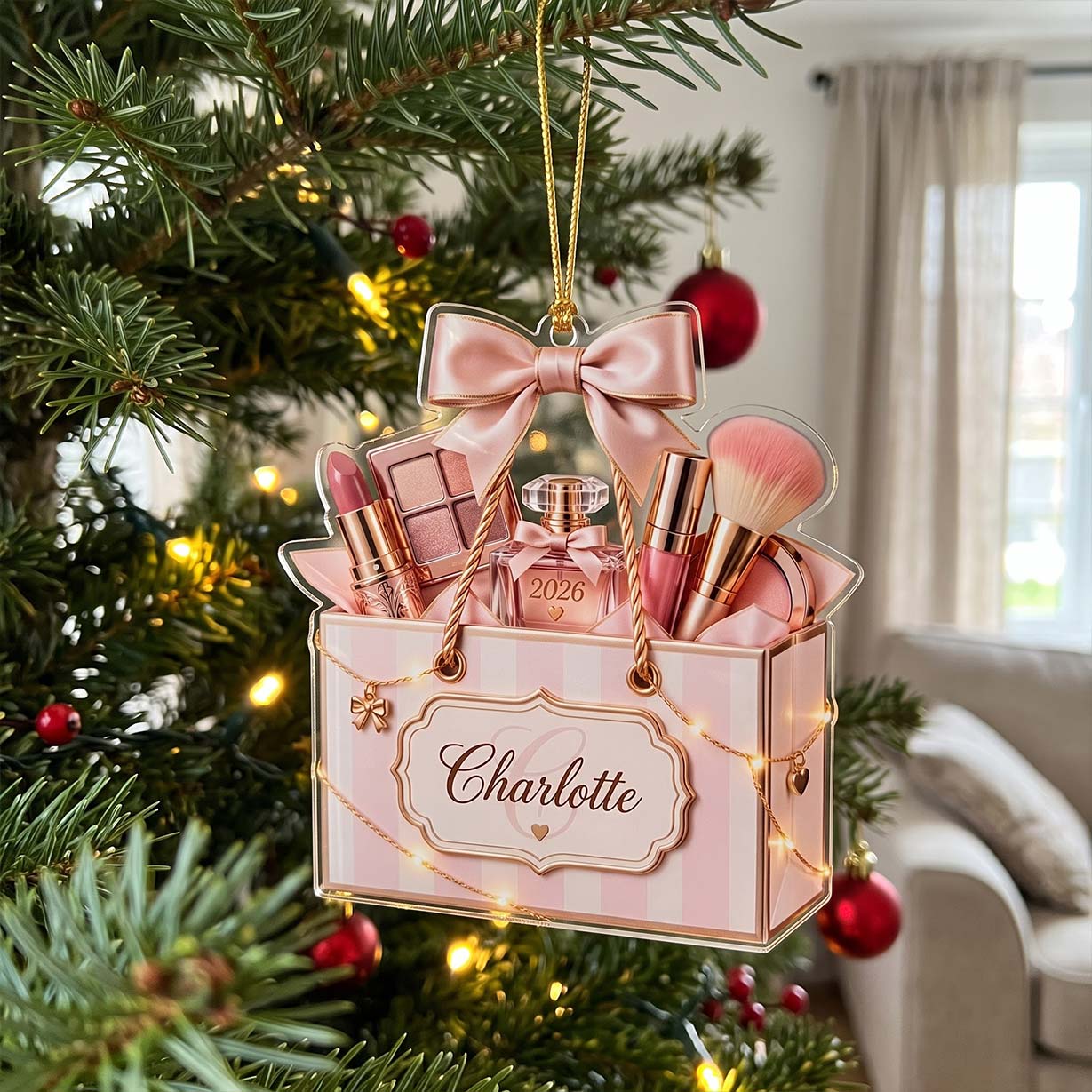 Blush Pink Makeup Bag Perfume Brush Custom Name Date Acrylic Christmas Ornament Beauty Lover Christmas Tree Decor Gift