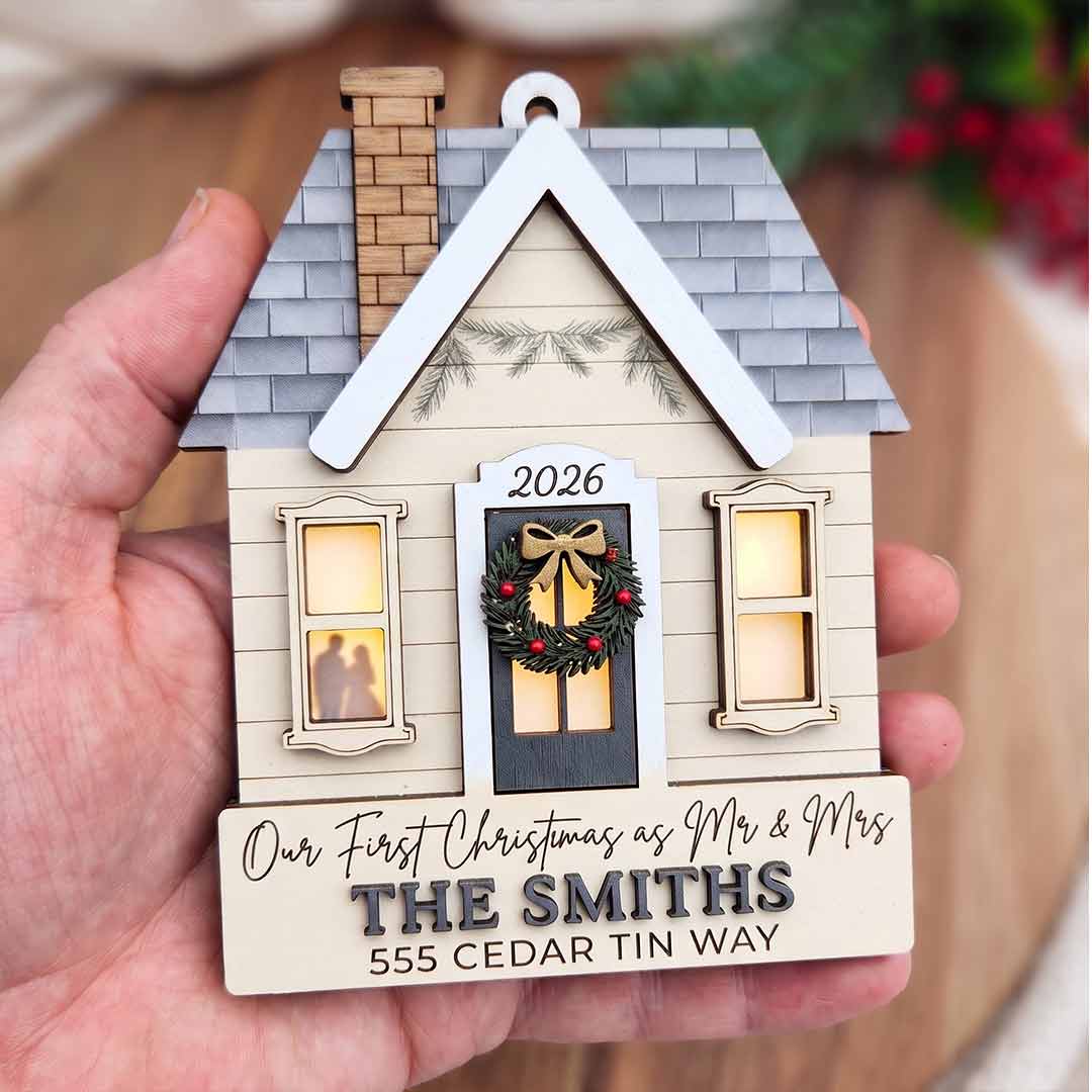 Our First Christmas as Mr and Mrs Personalized Couple Custom Name Date Address Wedding Gift Wooden Christma