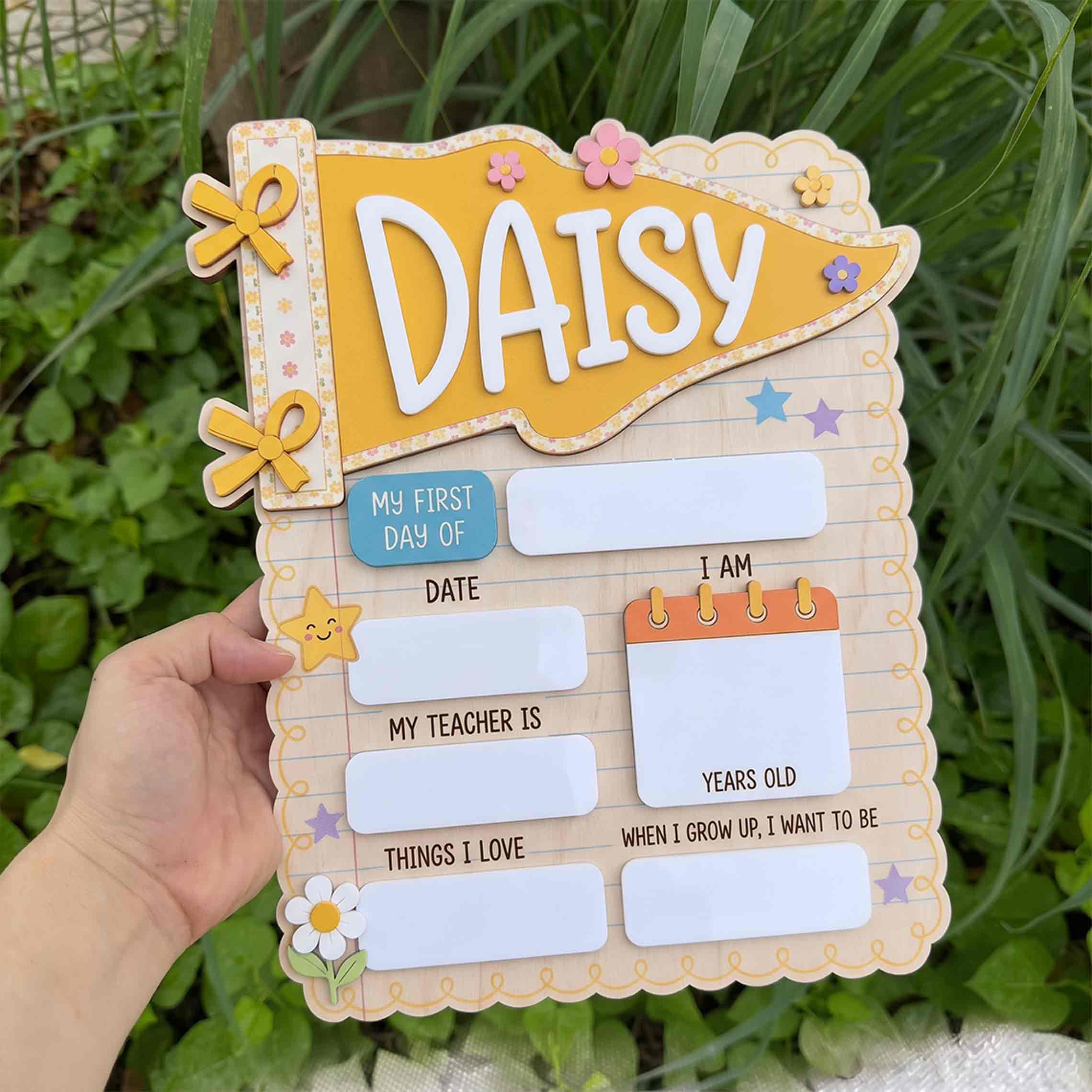 Personalized Yellow Pennant First & Last Day School Sign, Reusable Dry Erase Board, Back to School Sign