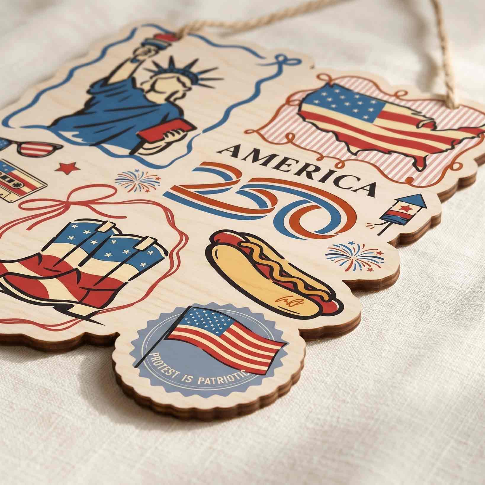 America 250 Statue of Liberty Justice for All Doodle Wooden Sign