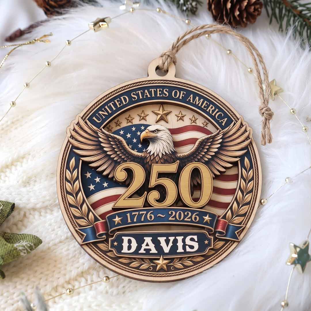 Freedom 250 America's 250th Patriotic Heritage American Pride Personalized Custom Name Patriotic Keepsake 1-Layer Wooden Christmas Ornament for Patriots Gift
