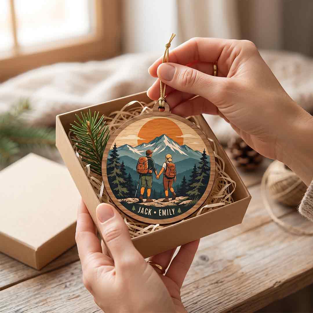 Hiking Couple Mountain Adventure Outdoor Keepsake Personalized Custom Name Adventure Couple 1-Layer Wooden Christmas Ornament for Hiking Partners Gift