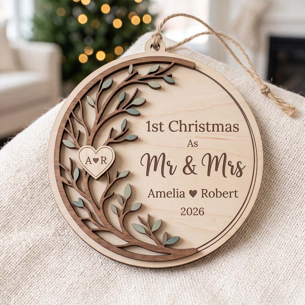 First Christmas Mr and Mrs Love Tree Custom Names Date First Married Christmas Wooden Ornament