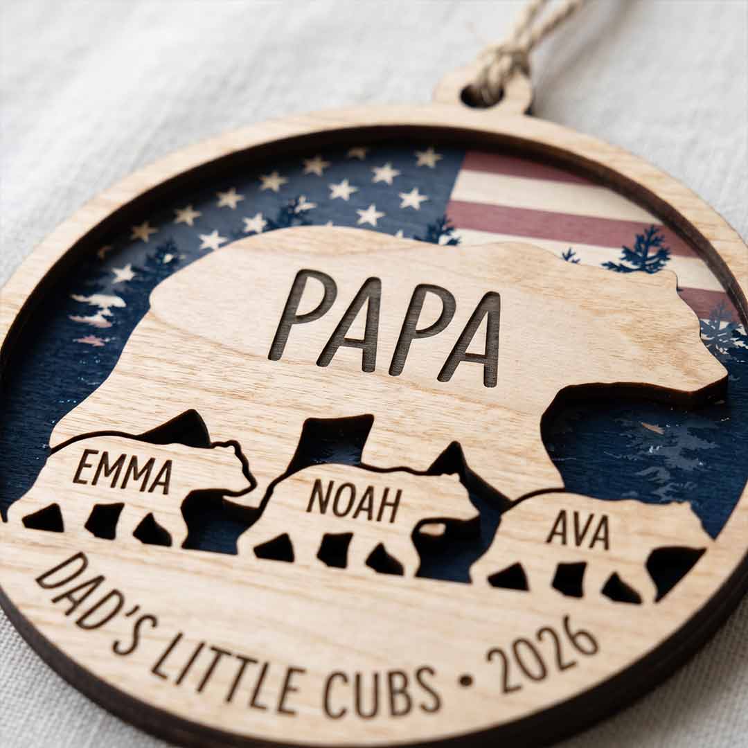 Papa Bear and Cubs Personalized Custom Name Family 2-Layer Wooden Christmas Ornament Christmas Gift for Dad