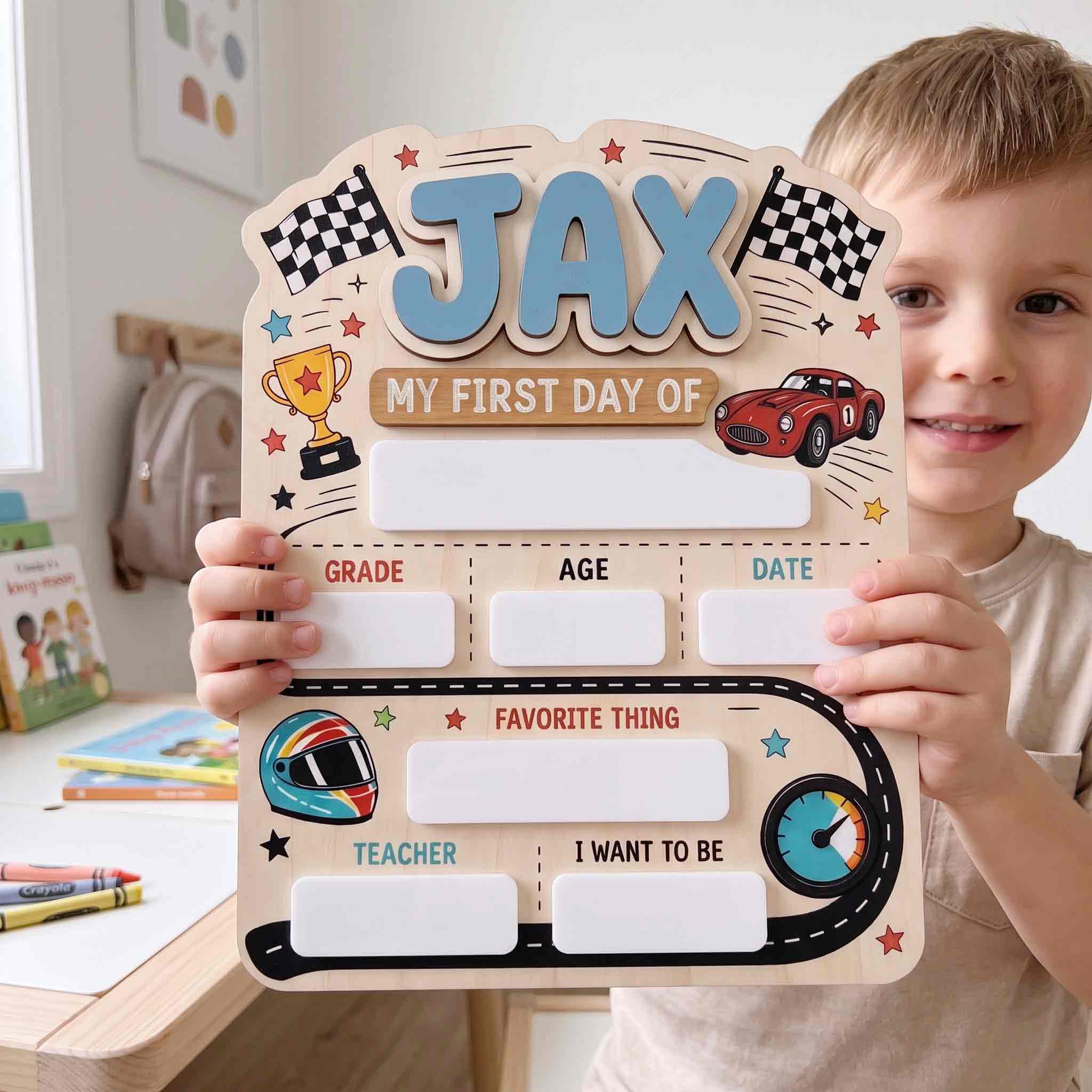Personalized Speedway Race Theme First & Last Day School Sign, Reusable Dry Erase Board, Back to School Sign