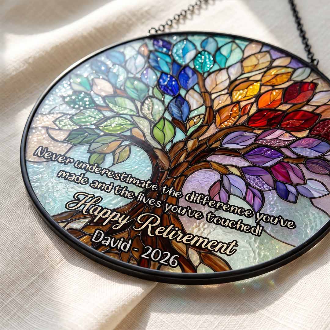 Retirement Tree of Life Personalized Custom Name Date Difference Maker Retirement Keepsake Stained Glass Suncatcher Ornament for Retirement Gift
