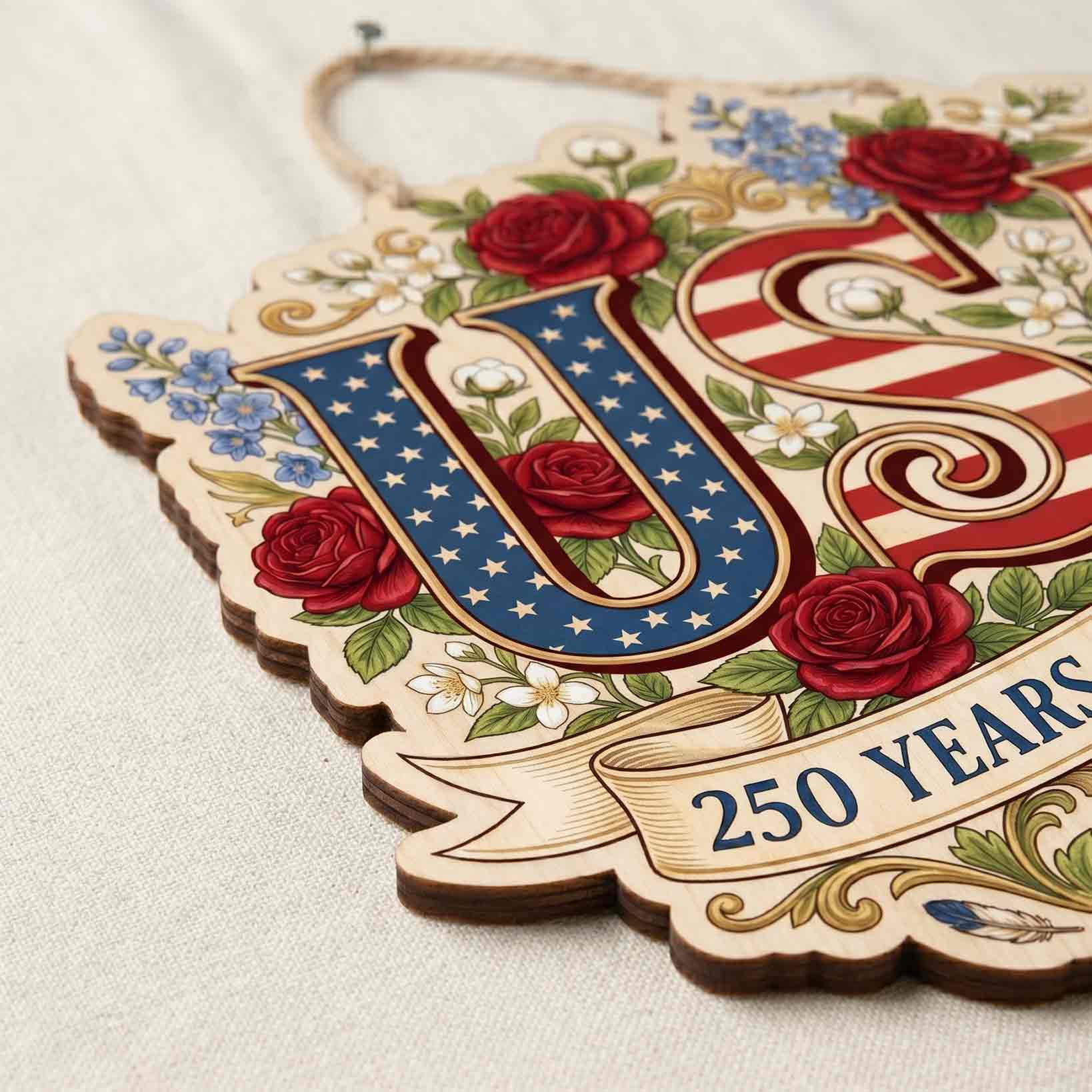 USA 250 Years of Freedom Floral Wooden Sign