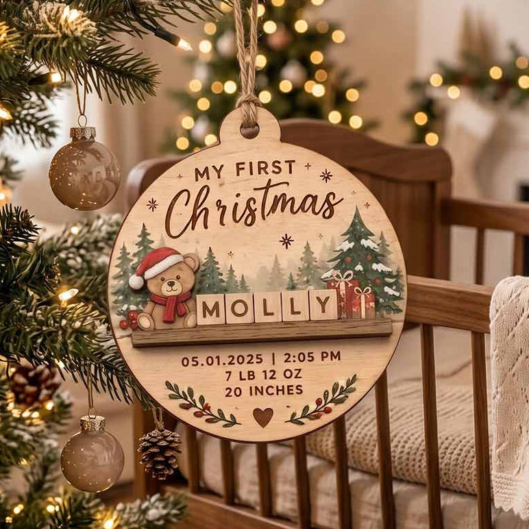 My First Christmas Teddy Bear Personalized Custom Name Date Newborn 2-Layer Wooden Christmas Ornament Baby's First Christmas Keepsake for New Parents
