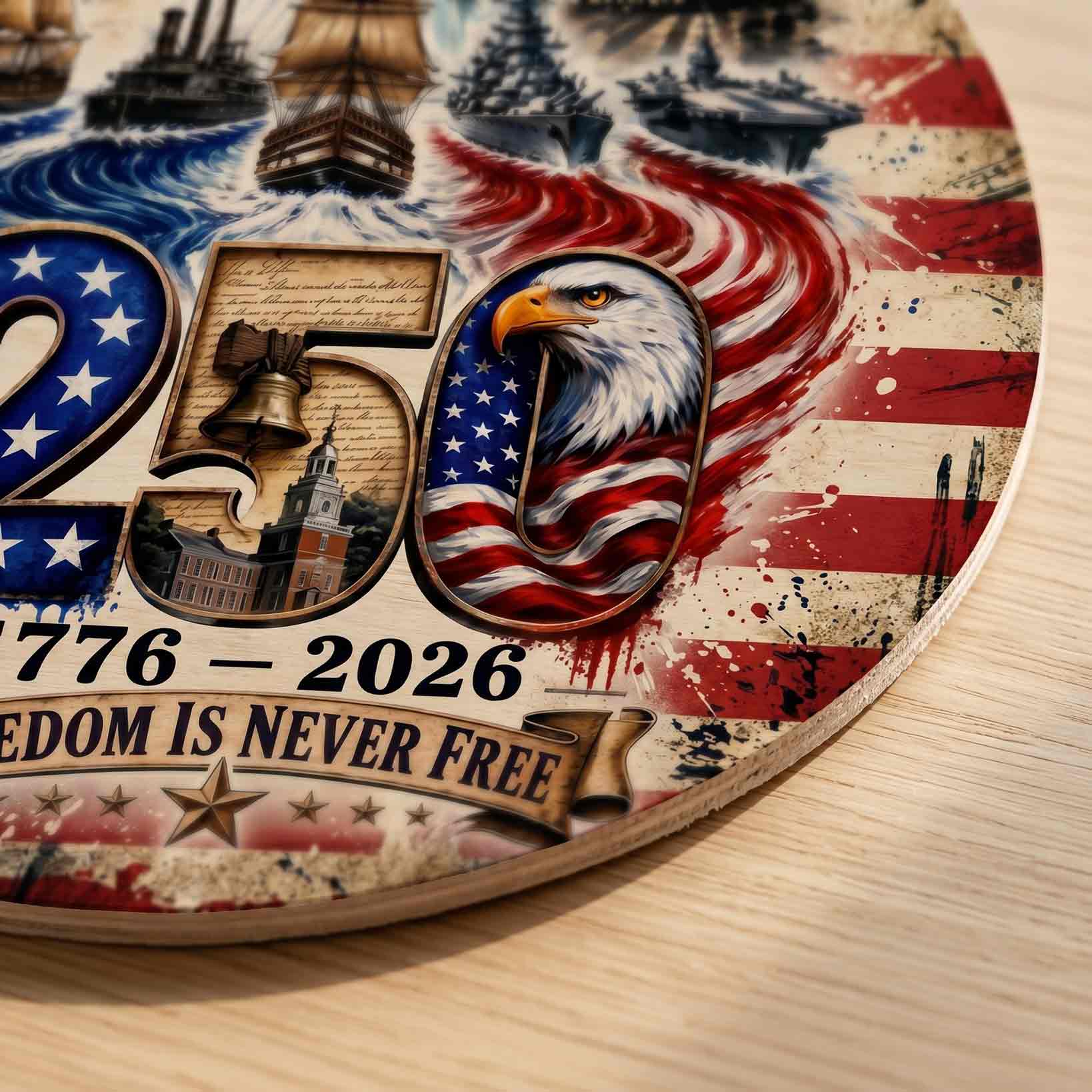 Freedom Is Never Free 250th Anniversary Wooden Sign