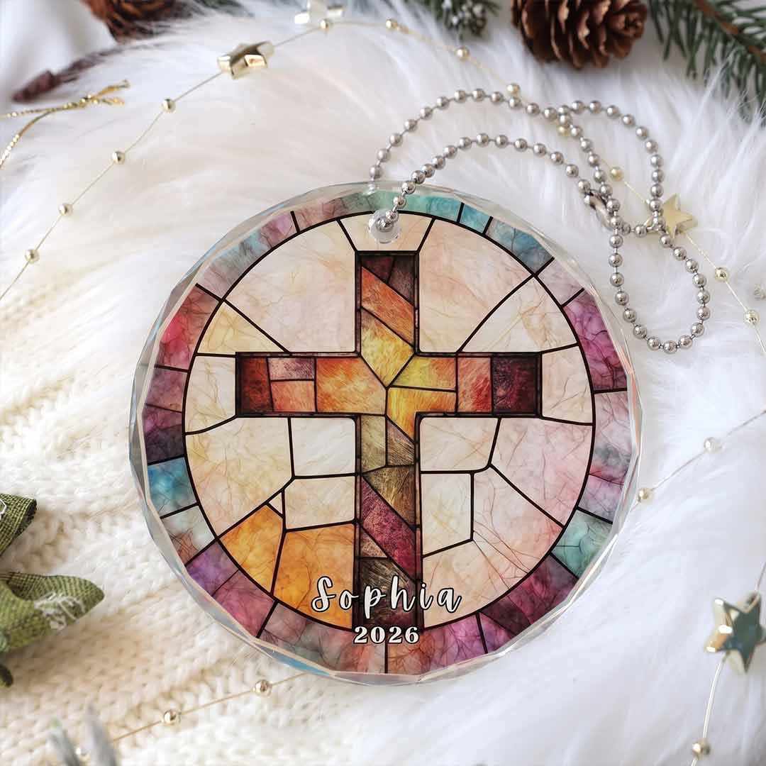 Christian Cross Religious Faith Personalized Custom Name Date Religious Keepsake Nativity Round Glass Christmas Ornament